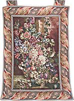 The earliest English gardens were planted by the Roman conquerors of Britain in the 1st century AD. During the Middle ages Castles made room for small courtyard gardens and after the Reformation a wide array of garden styles influenced by the Italian, Dutch and French were introduced to England. The Formal Renaissance garden remained popular through the 18th century. Although a swing to a more natural" look has evolved... this style garden is still a favorite to this day! Our exquisite floral tapestry is woven in a deep and rich color pallet of the vibrant blooms found in European Renaissance gardens. These wild and domestic flower varieties brought inspiration to weavers that created artwork that adorned castle and manor walls bringing the garden “indoors” all year long. Limited in the past to only the most affluent who could afford them, you too can now adorn your walls with tapestries. Add a special flair to your decor with a beautiful reminder of the elegance that graced the walls of history. This fully lined tapestry is woven in deep rich burgundy hues. The floral bouquet framed by a classic Romanesque scrolled leaf border. Two large 3-12” high hanging loops are ready for your rod. EXTRA LARGE: 30-1/2”W x 45”H.